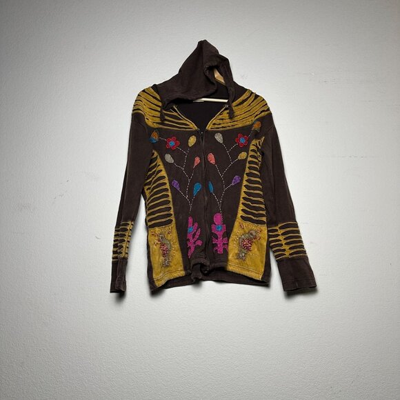Greater Good Network Hoodie Zip Up Boho Brown Women L/XL Floral Embroidered Y2K - Picture 1 of 16